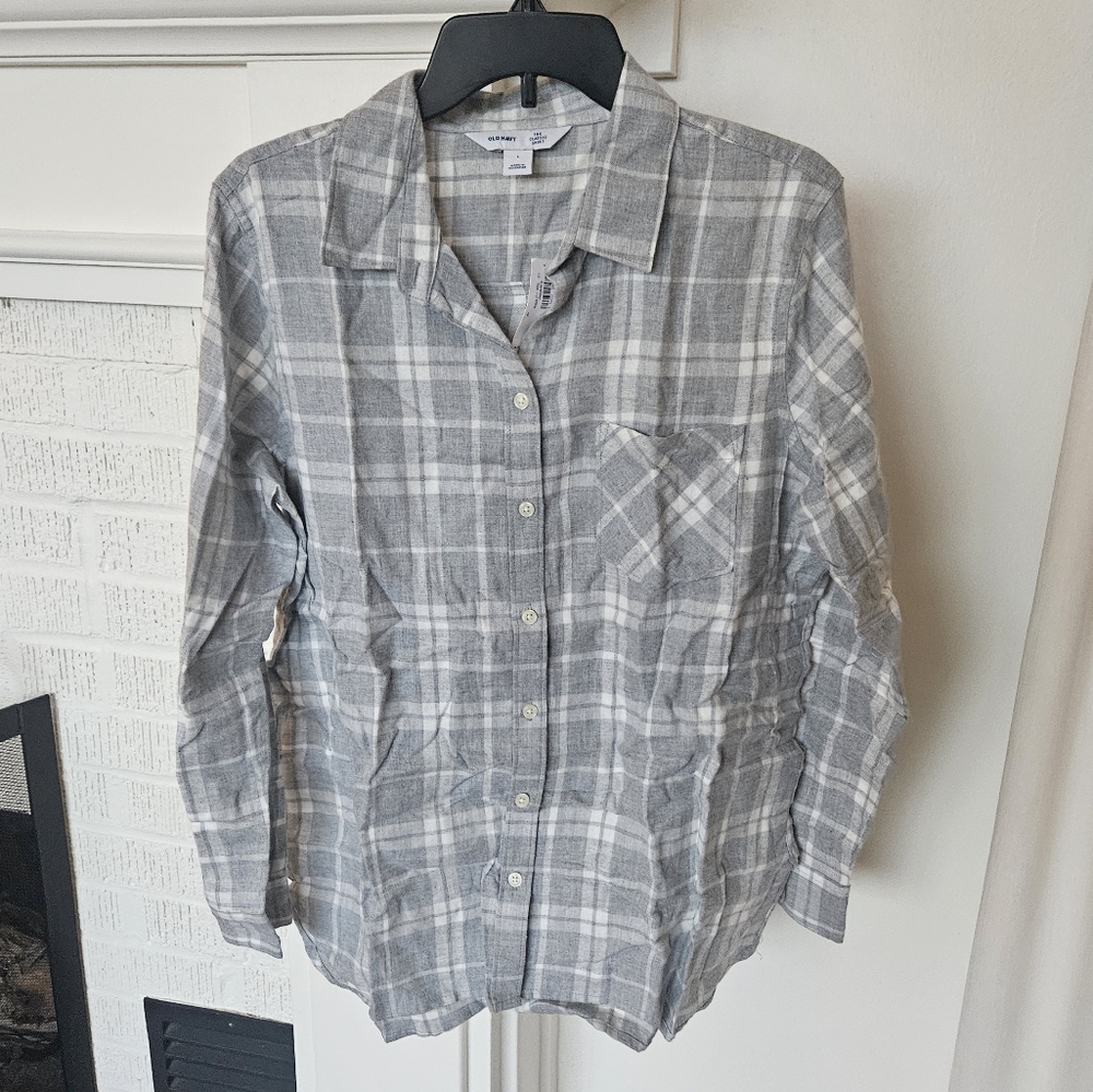 New Old Navy The Classic Shirt Gray Plaid Women's Size Large Longsleeve Cotton